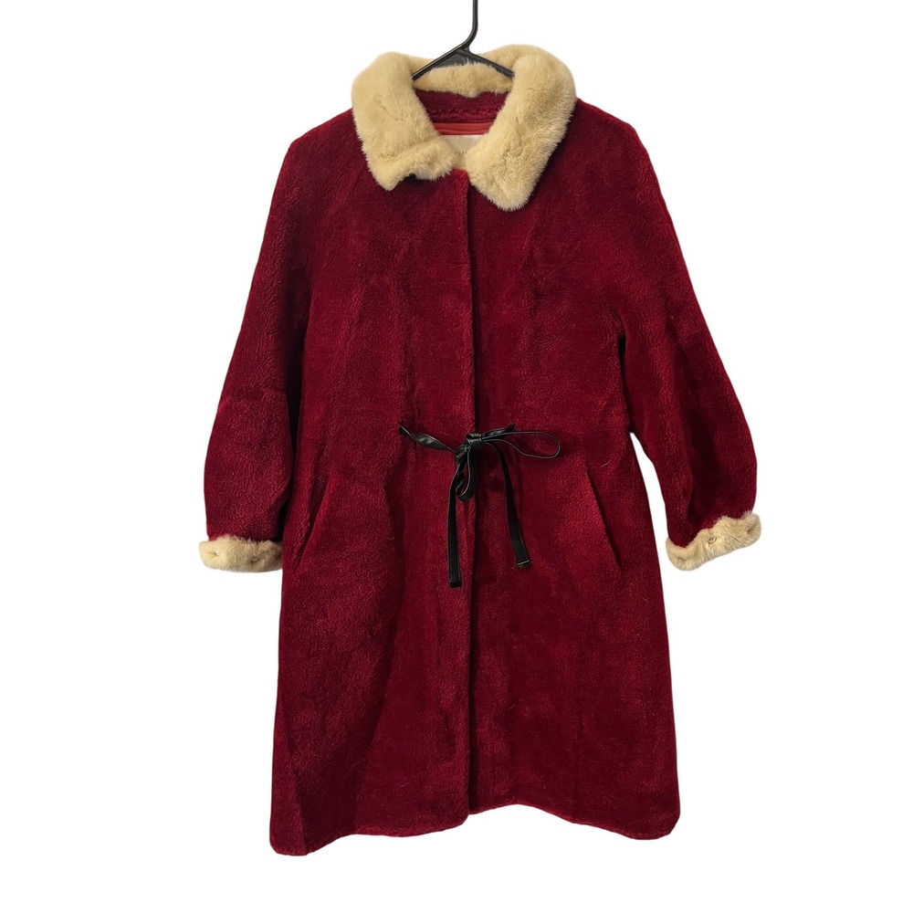 PSALTER Red Faux‎ Fur Coat Womens Size 38 Burgundy Cream Mink Trim Belted Long